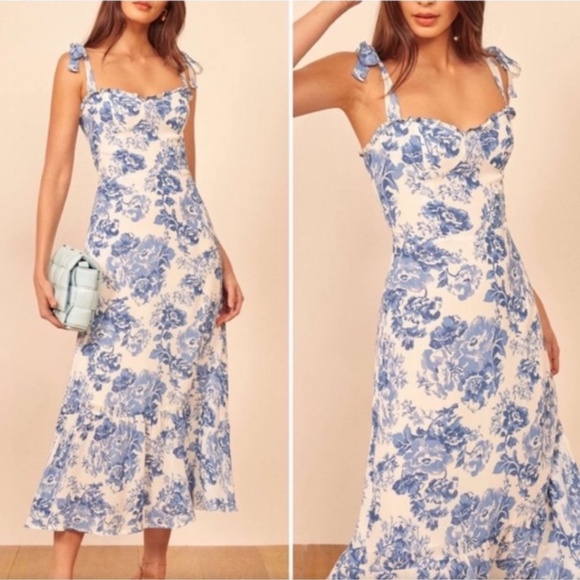 Reformation Nikia Olympia Blue and White Floral Midi Dress - Picture 1 of 3